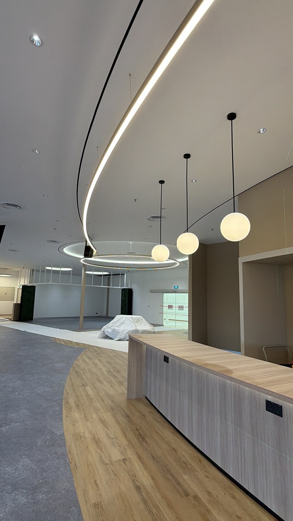 Curved suspended linear light with globe pendants during an interior installation